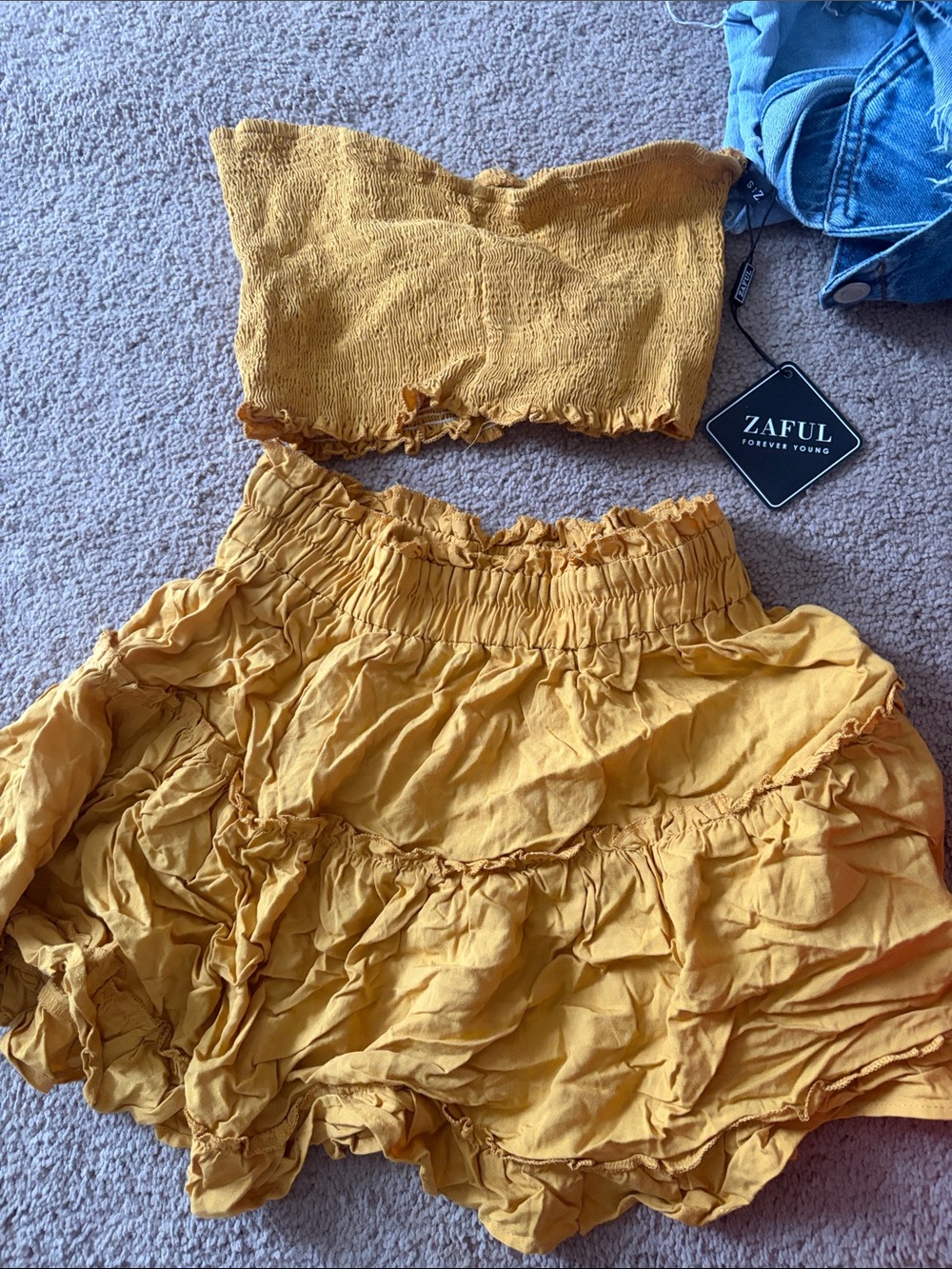 Zaful Mustard Yellow Ruffle Smocked Mini Skirt